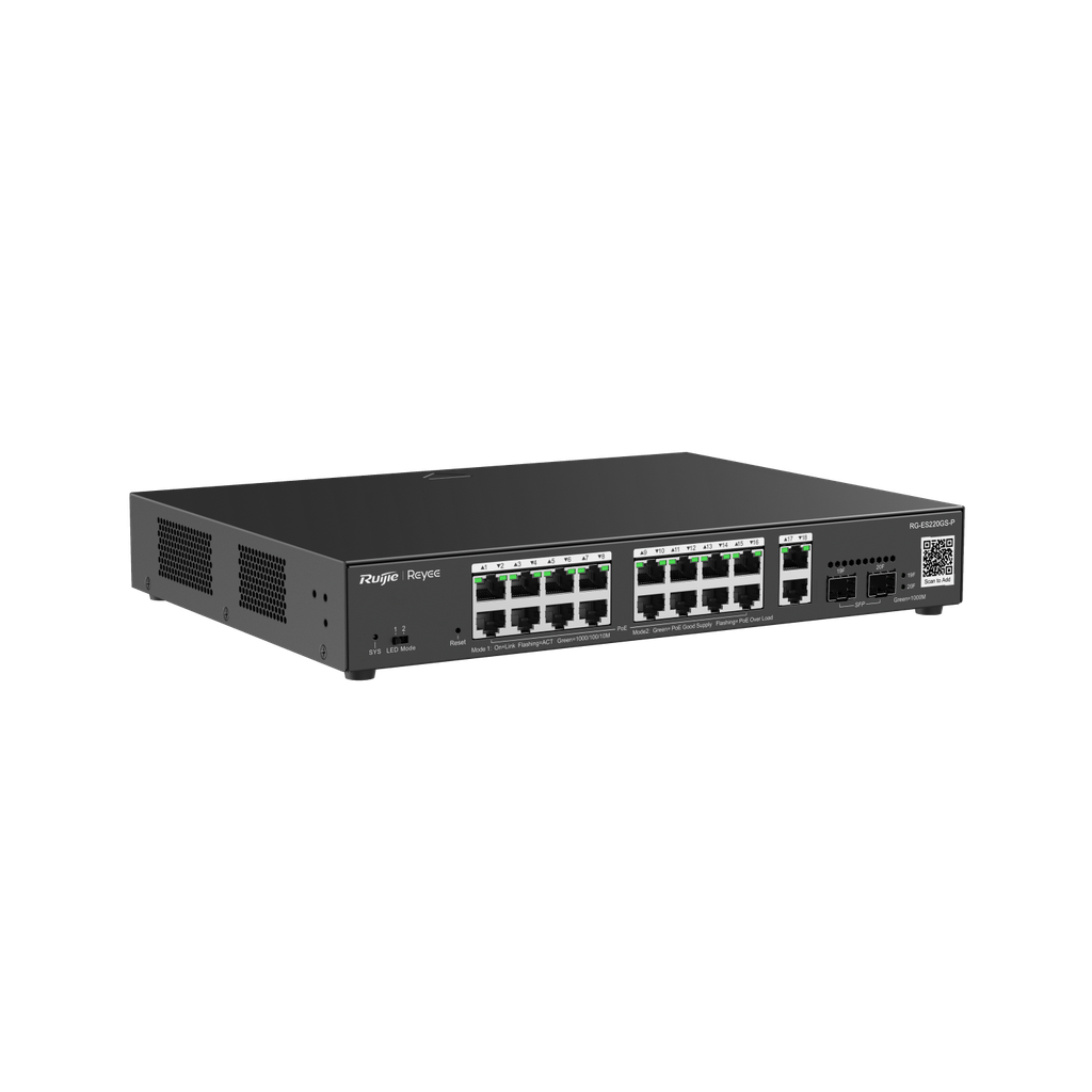 سويتش شبكي قابل للإدارة من ريجي 16 منفذ PoE جيجا مع منفذين RJ45 جيجا و2 منفذ SFP 