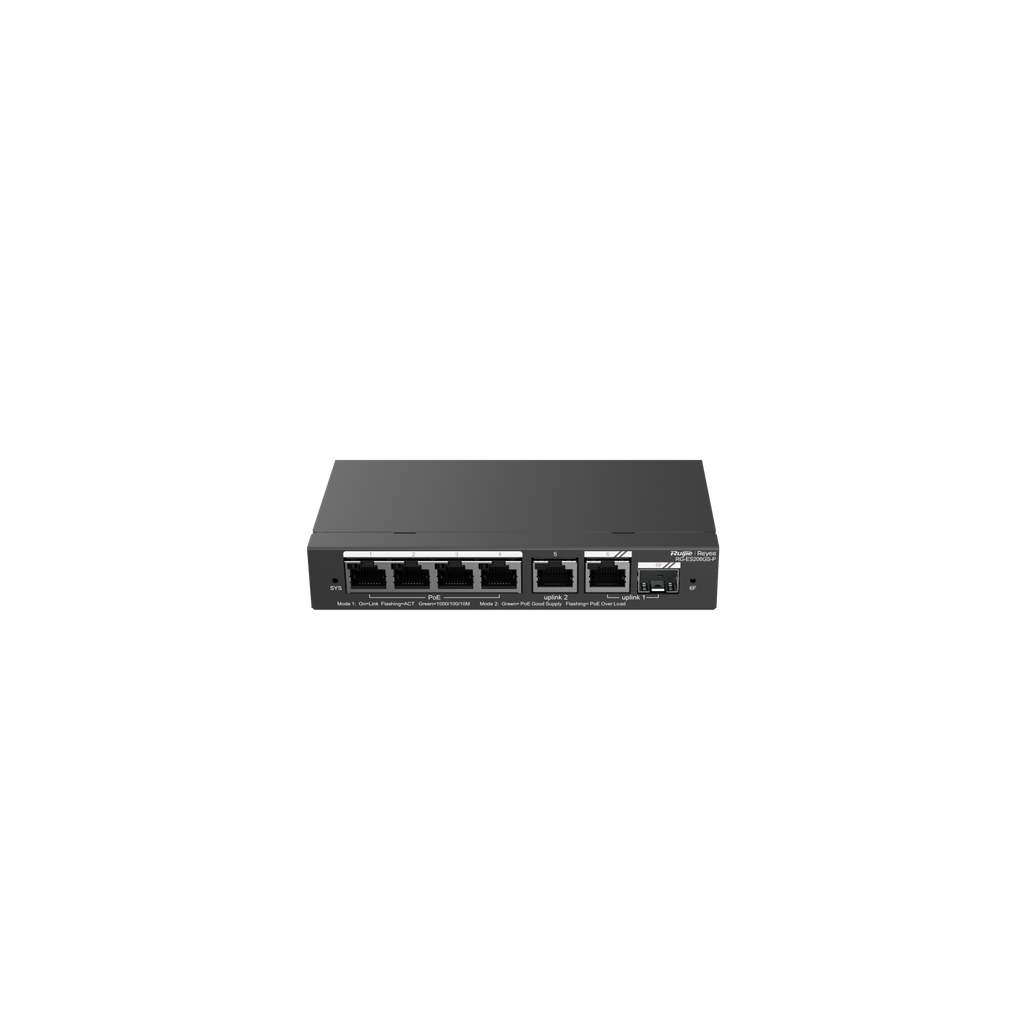 سويتش شبكة ذكي 6 منافذ (4 منافذ PoE+ جيلجابيت + منفذ RJ45 Uplink + منفذ ألياف ضوئية SFP) بقدرة 54W