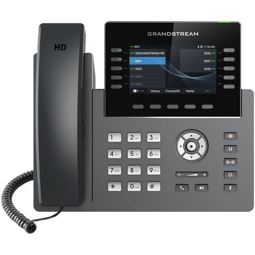 [GRP2615] Grandstream phone supports up to 10 line keys and 5 SIP accounts 4.3-inch (480x272) TFT color display Built-in 40 numeric keys with expandability to GBX20 module Dual-band Wi-Fi and Bluetooth 5.0 2 Gigabit Ethernet ports with PoE support High Definition (HD) audio with speakerphone and handset